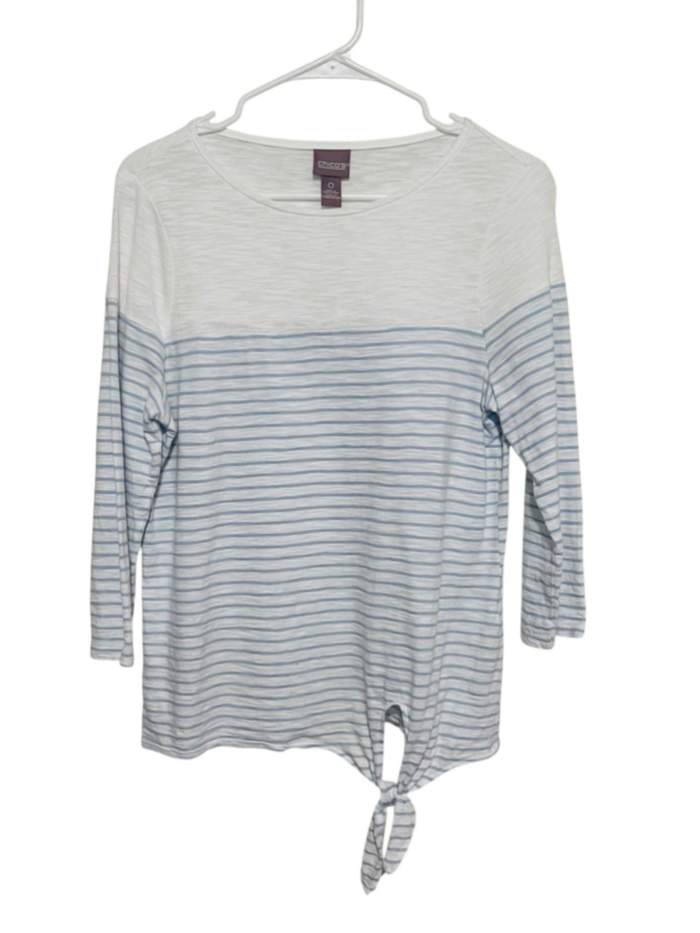 Chico's Tie Front Top Small 0 Blue White Striped Coastal Beach 3/4 Sleeve Tee